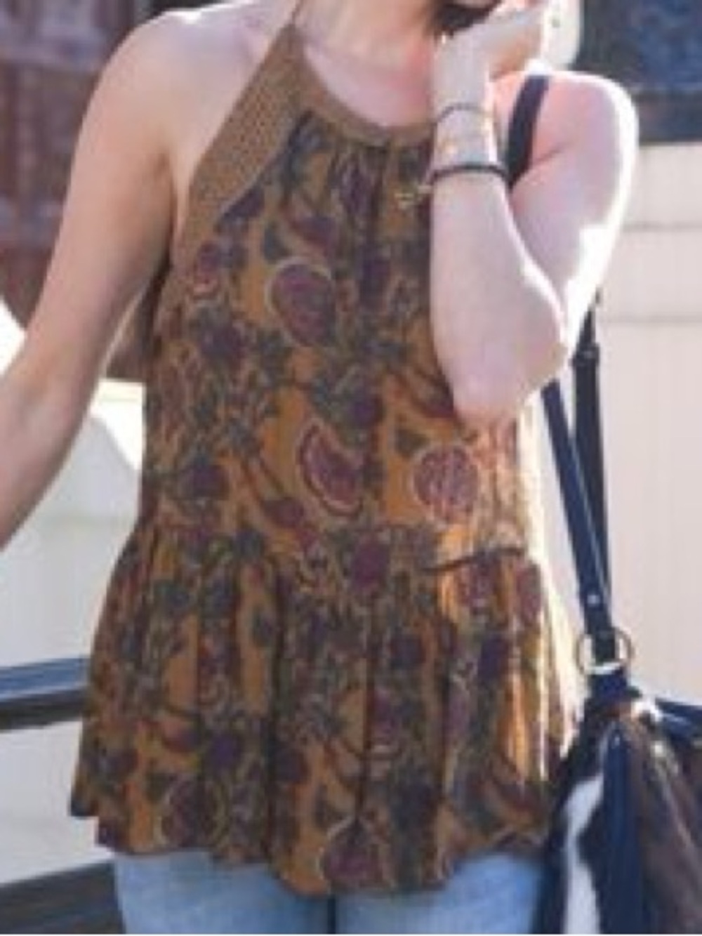 Zara Brown and Yellow Floral Patterned Tieable Halter Top with Crochet Accents 🐣